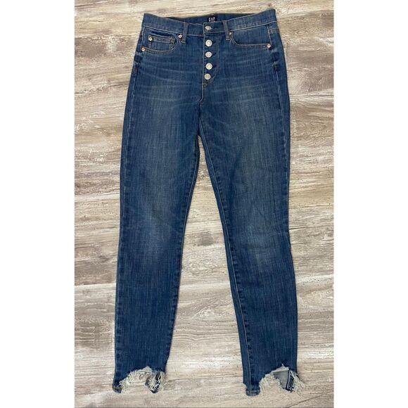 GAP Denim True Skinny Distressed Jeans Taw Hem Button Fly Sz 27 Waist - Picture 1 of 5